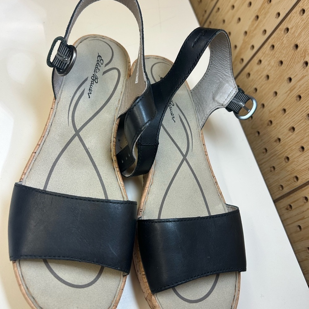 Eddie Bauer Black Leather Cork Wedge Sandals